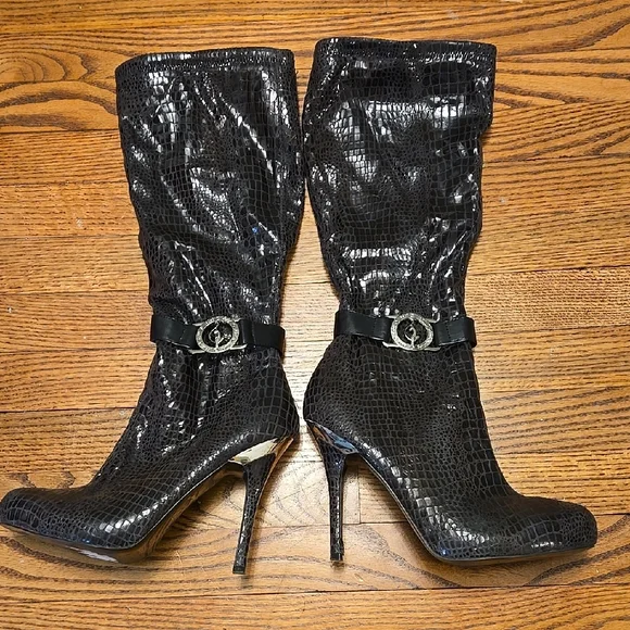 Vintage Baby Phat Croc-Embossed Black Patent Knee-High Boots size 10.5 - Picture 1 of 9